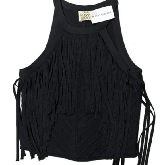 Torn by Ronny Kobo black fringe halter top size XS NWT - Picture 2 of 5